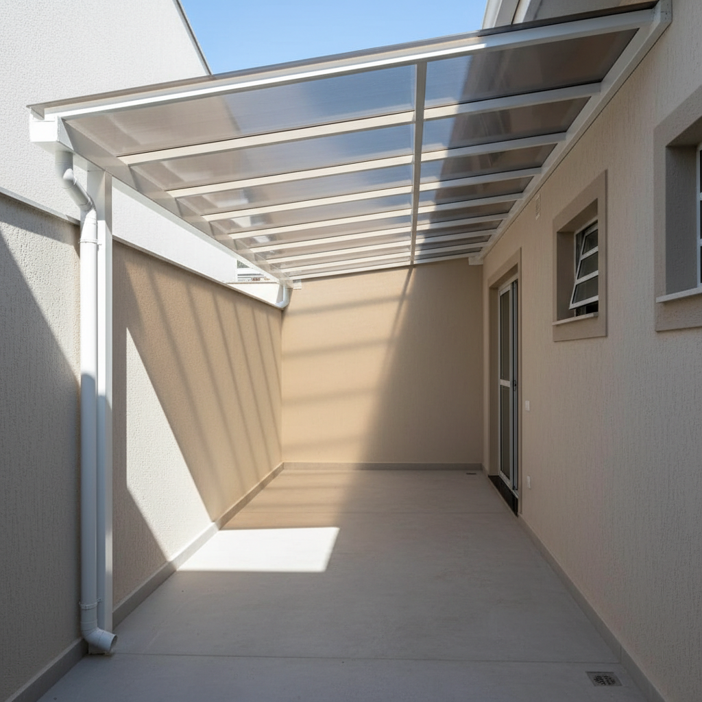 Imagem fotográfica de uma área de serviço nos fundos de uma casa em Porto Alegre, coberta por um telhado translúcido em policarbonato alveolar fumê, sustentado por estrutura metálica branca. A luz do sol filtrada atravessa o material, criando um padrão suave de sombras no piso cinza claro e um ambiente protegido, mas bem iluminado. Ao lado, uma calha discreta conduz a água para um tubo de descida pintado no mesmo tom da parede. A composição é em ângulo levemente elevado, mostrando a integração do telhado com a casa. O clima é organizado e funcional, ressaltando soluções modernas de cobertura oferecidas pela empresa.