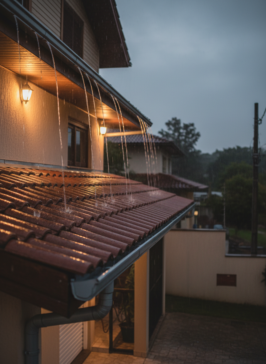 Imagem fotográfica noturna de um sobrado em bairro residencial de Porto Alegre durante uma chuva leve, com o telhado cerâmico marrom e calhas metálicas funcionando perfeitamente. A água escorre em filetes organizados pela calha, conduzida para o tubo de descida, sem transbordamentos. Iluminação quente externa vinda de arandelas destaca o brilho molhado das telhas e o contorno das calhas, enquanto o fundo permanece levemente desfocado. A composição em ângulo de rua realça o perfil do telhado contra o céu úmido. O clima é de segurança, conforto e proteção, mostrando na prática a eficiência de um sistema de telhado e calhas bem instalado.