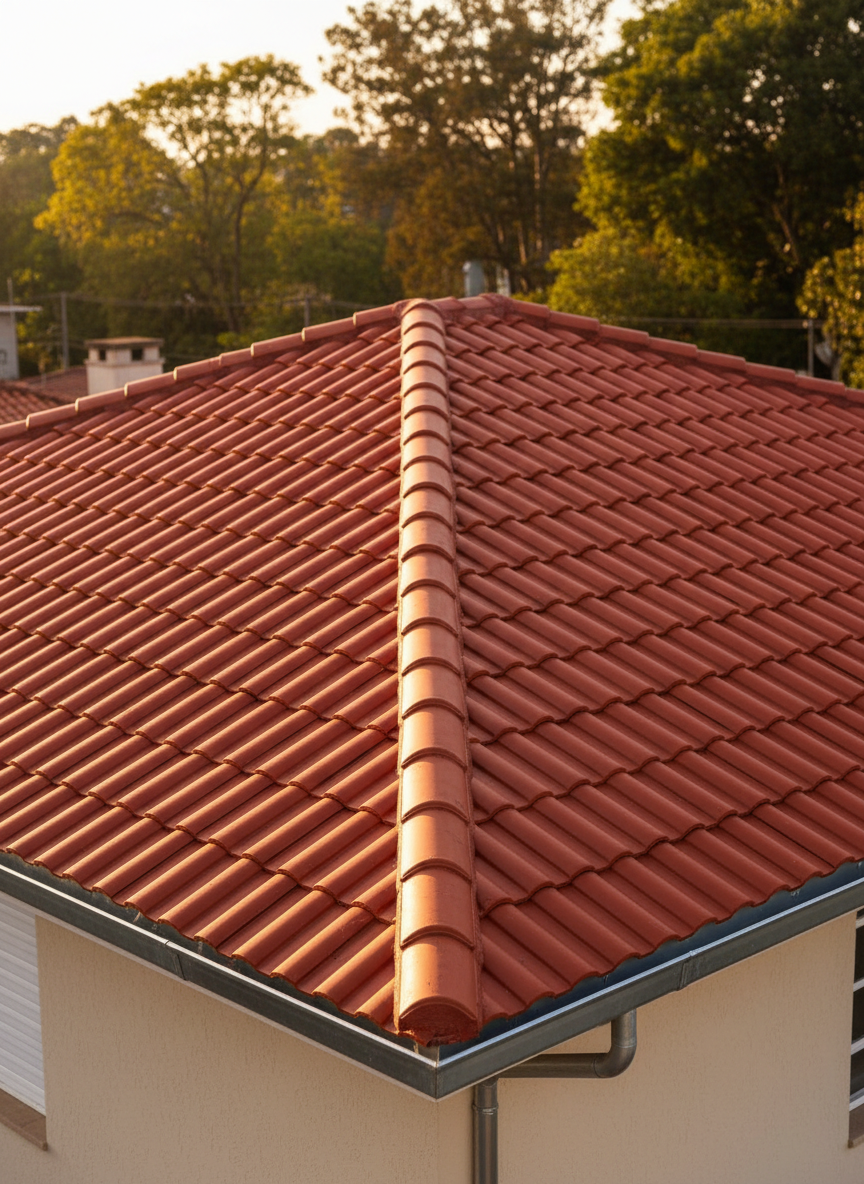 Uma vista ampla e fotográfica de um telhado residencial recém-instalado com telhas cerâmicas vermelhas brilhantes, perfeitamente alinhadas, com cumeeira bem acabada e calhas metálicas galvanizadas prateadas contornando todo o beiral. A casa está em um bairro arborizado de Porto Alegre, com algumas copas de árvores desfocadas ao fundo. A luz é de fim de tarde, dourada, destacando o relevo das telhas e criando sombras suaves entre as fileiras. A composição é em leve ângulo elevado, destacando a extensão do telhado e o encaixe preciso das calhas. O estilo é de realismo fotográfico, limpo e profissional, transmitindo qualidade, segurança e confiança no serviço de telhados.